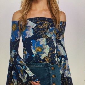 Free people flutter sleeve floral blue off shoulder top